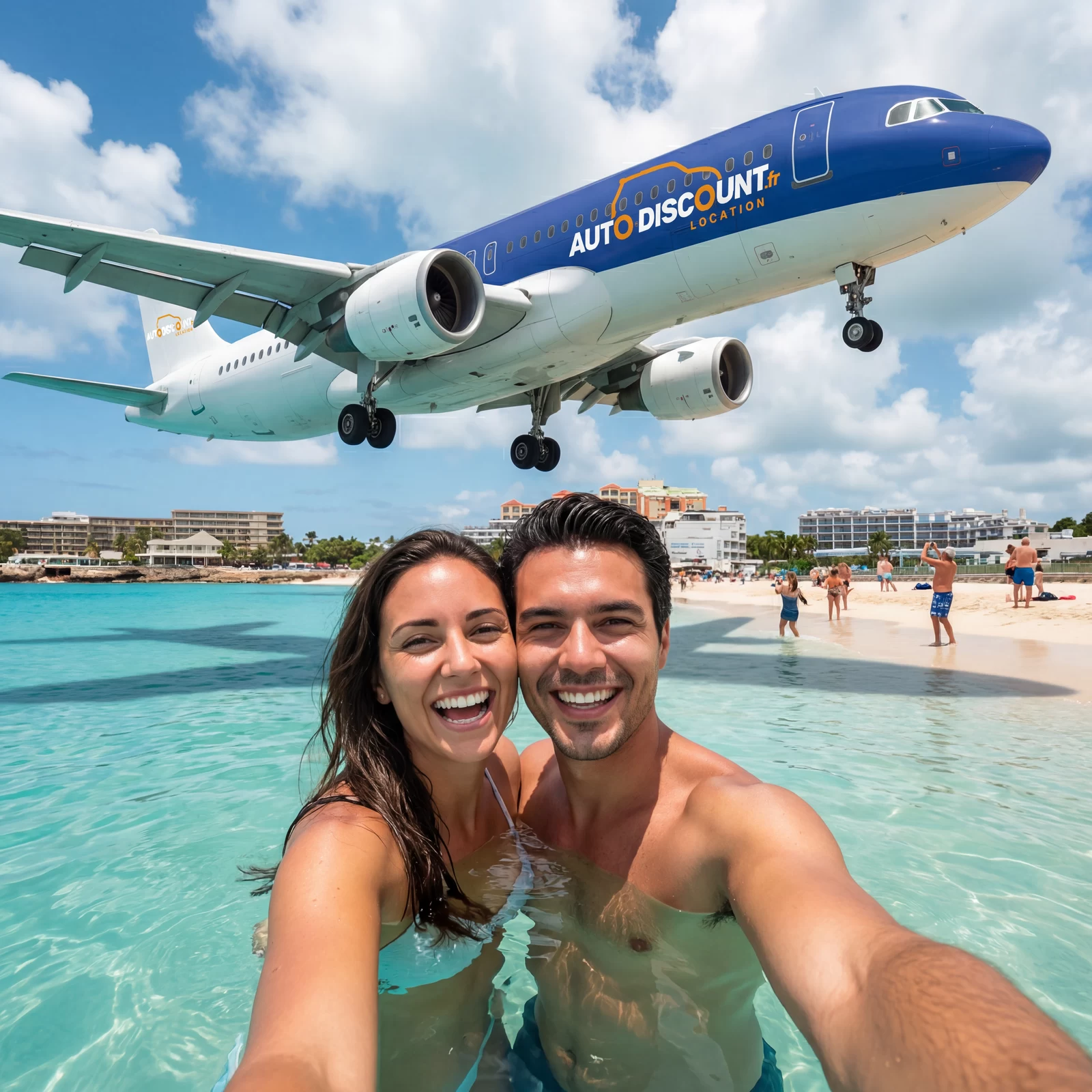 Couple dans l'eau à Saint-Martin, avion Auto Discount survolant la plage